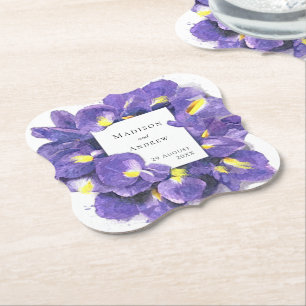 Stunning Purple Irises Watercolor Floral Wedding Paper Coaster