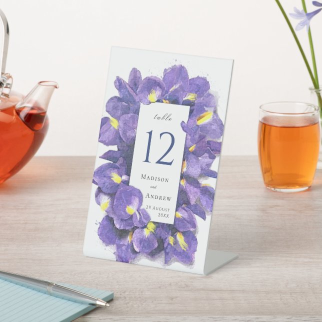 Stunning Purple Irises Watercolor Floral Wedding Pedestal Sign (In SItu)