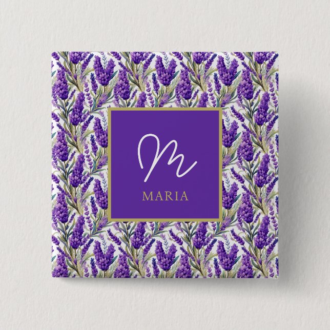 Stunning Purple Lavender Pattern Monogramed 2 Inch Square Button (Front)