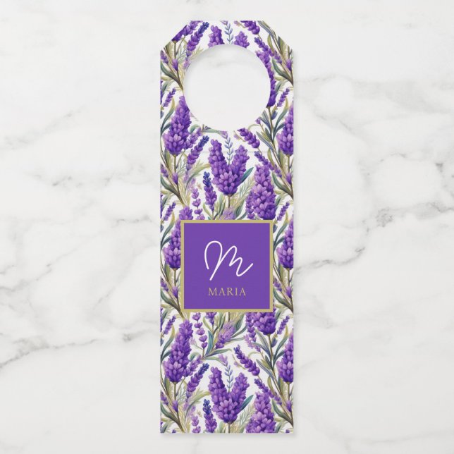 Stunning Purple Lavender Pattern Monogramed Bottle Tag (Front)