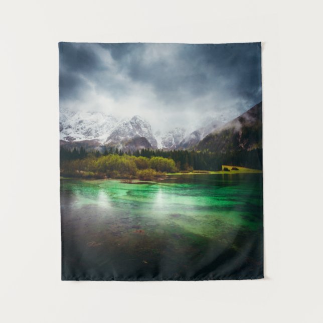 Stunning rainy day at lake Fusine, Italy Tapestry (Front)