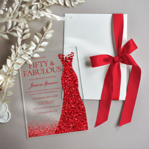Stunning Red Dress 50th Birthday Party Acrylic Invitations