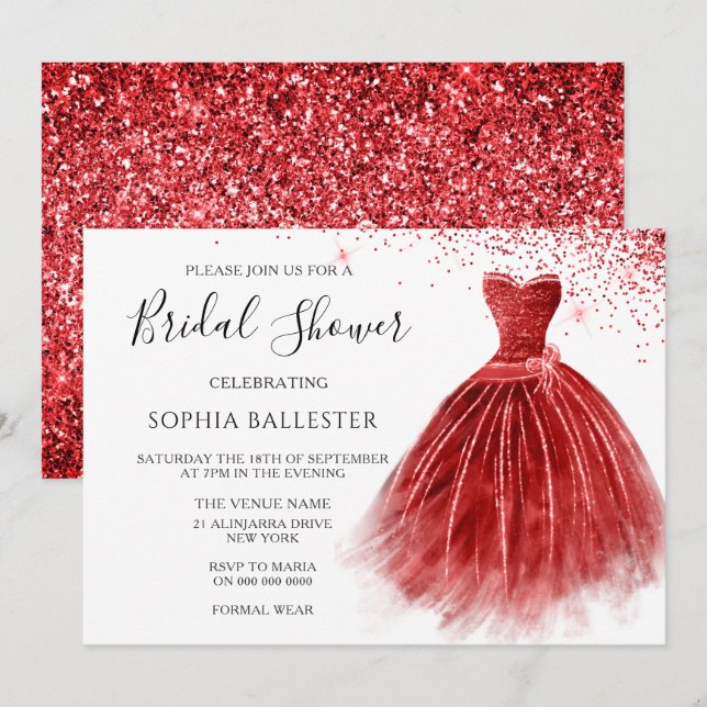 Stunning Red Glitter Gown Dress Bridal Shower Invitation (Front/Back)