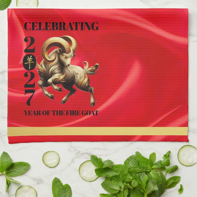Stunning Red Gold Chinese Year of Fire Goat 2027 Kitchen Towel (Folded)