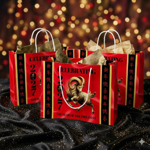 Stunning Red Gold Chinese Year of Fire Goat 2027 Large Gift Bag