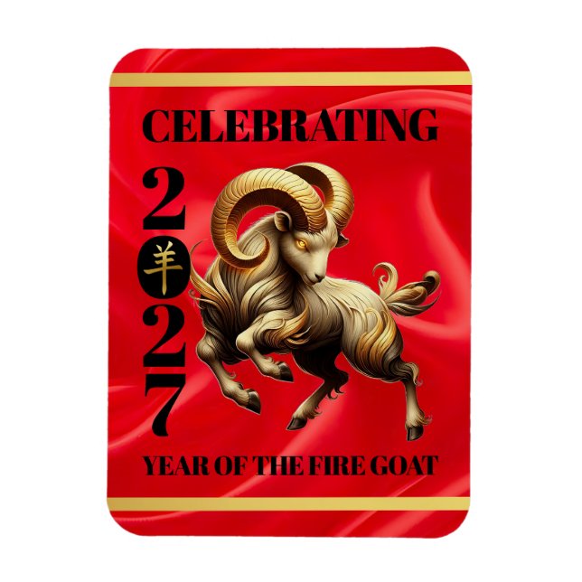 Stunning Red Gold Chinese Year of Fire Goat 2027 Magnet (Vertical)