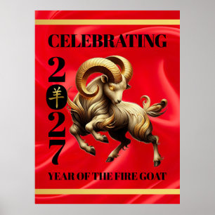 Stunning Red Gold Chinese Year of Fire Goat 2027 Poster