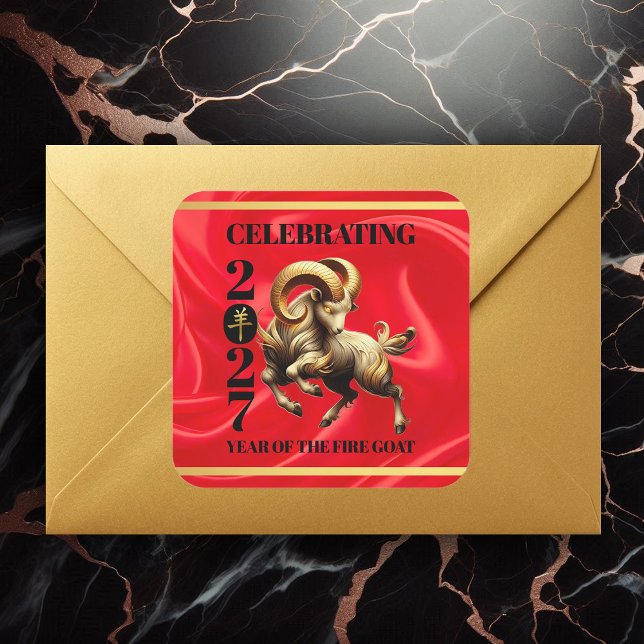 Stunning Red Gold Chinese Year of Fire Goat 2027 Square Sticker (Stunning Chinese Year of the Fire Goat 2027 Square Sticker Cover Photo)