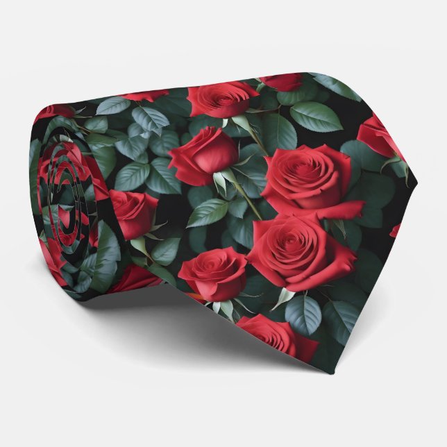 Stunning Red Roses Formal Necktie  (Rolled)