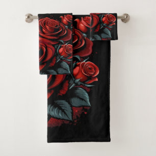 Stunning Red Roses on Black Love Theme Bath Towel Set