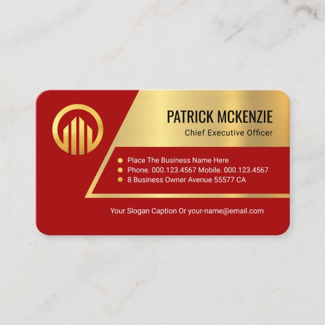 Stunning Red Trapezium Gold Layer Business Owner Business Card (Front)
