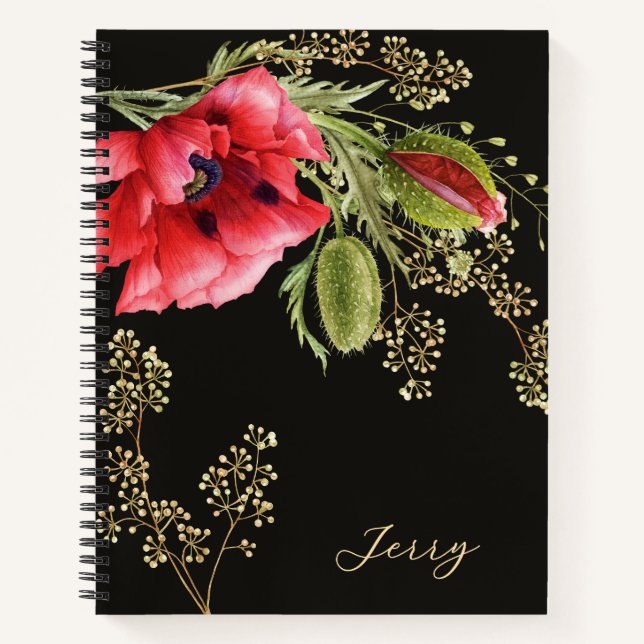 Stunning Red Watercolor Poppy Notebook (Front)