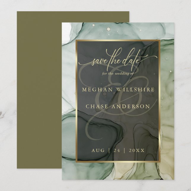 Stunning Rich Earthy Greens Liquid Abstract Ink Invitation (Front/Back)