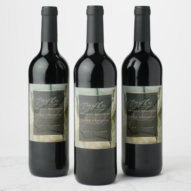 Stunning Rich Earthy Greens Liquid Abstract Ink Wine Label (Bottles)