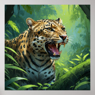 Stunning Roaring Leopard Painting Wildlife Poster