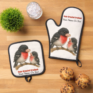 Stunning Rose Breasted Grosbeak Oven Mitt & Pot Holder Set