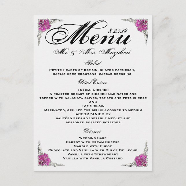 Stunning Rose Wedding Dinner Menu Thank you Postcard (Front)