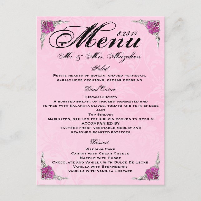 Stunning Rose Wedding Dinner Menu Thank you Postcard (Front)
