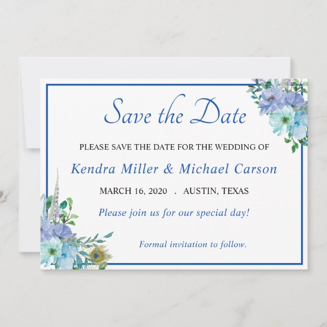 Stunning Sapphire Blue Floral Save The Date (Front)