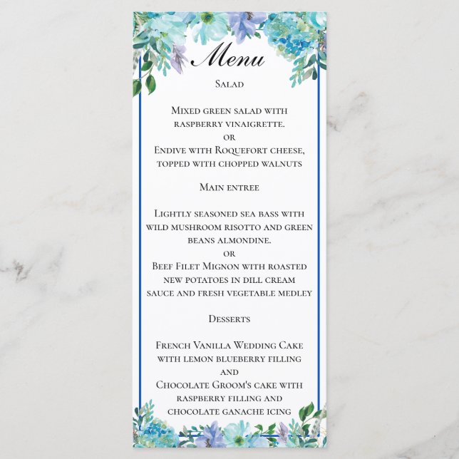 Stunning Sapphire Blue Floral Wedding Menu (Front)