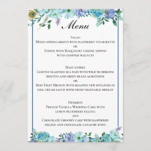Stunning Sapphire Blue Floral Wedding Menu