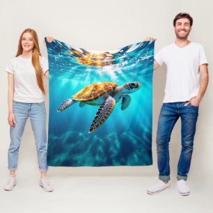 Stunning Sea Turtle in Sunlit Ocean Waters Fleece Blanket