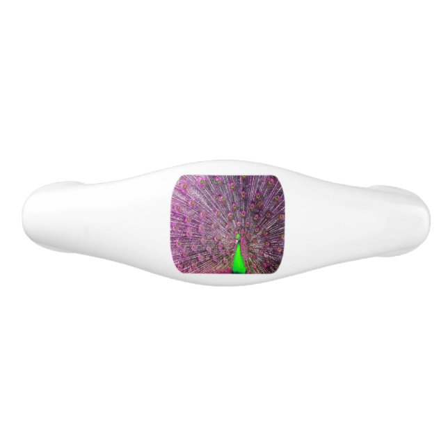 Stunning Showy Purple And Green Peacock, Ceramic Drawer Pull (Front)