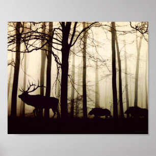 Stunning silhouette of stag, wild boars following poster