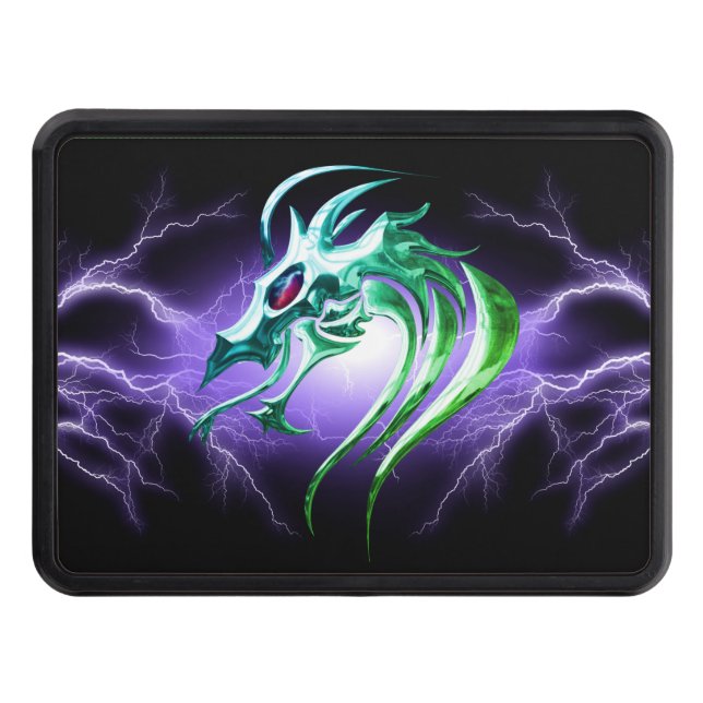 Stunning Silver Green Dragon Head Black Lightning Trailer Hitch Cover (Front)