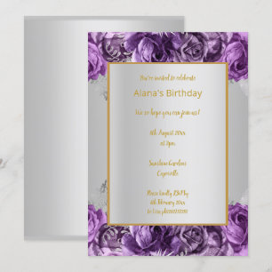 STUNNING SILVER & PURPLE FLORAL PATTERN BIRTHDAY INVITATION