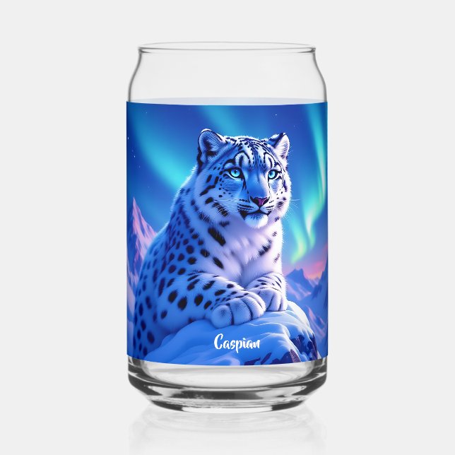 Stunning Snow Leopard on Mountain Rock Can Glass (Front)