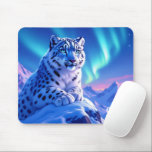 Stunning Snow Leopard on Mountain Rock Mouse Pad<br><div class="desc">Add a supernatural touch to your computing experience with this mousepad, which features a majestic snow leopard with piercing blue eyes, its fur adorned with intricate patterns of frost and ice, as it perches atop a snow-capped mountain outcropping that's backlit by the setting sun and the aurora borealis. Personalize with...</div>