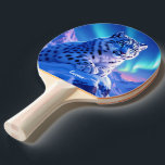 Stunning Snow Leopard on Mountain Rock Ping Pong Paddle<br><div class="desc">Add a supernatural touch to game time with this ping pong paddle, which features a majestic snow leopard with piercing blue eyes, its fur adorned with intricate patterns of frost and ice, as it perches atop a snow-capped mountain outcropping that's backlit by the setting sun and the aurora borealis. Reverse...</div>