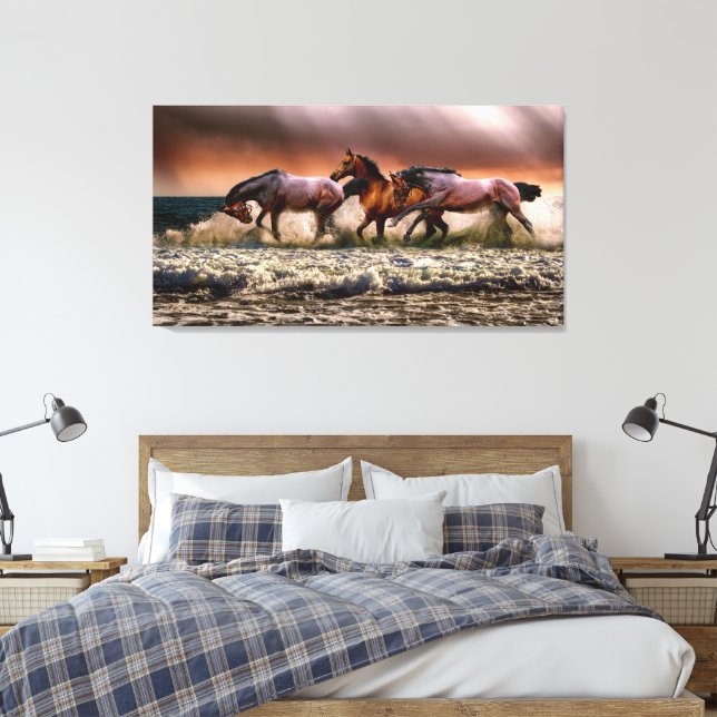 Stunning Stallions Playing in the Ocean Waves Canvas Print (Insitu(Bedroom))