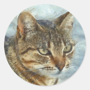 Stunning Tabby Cat Close Up Graphite Pencil Portra Classic Round Sticker