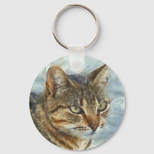 Stunning Tabby Cat Close Up Graphite Pencil Portra Keychain (Front)