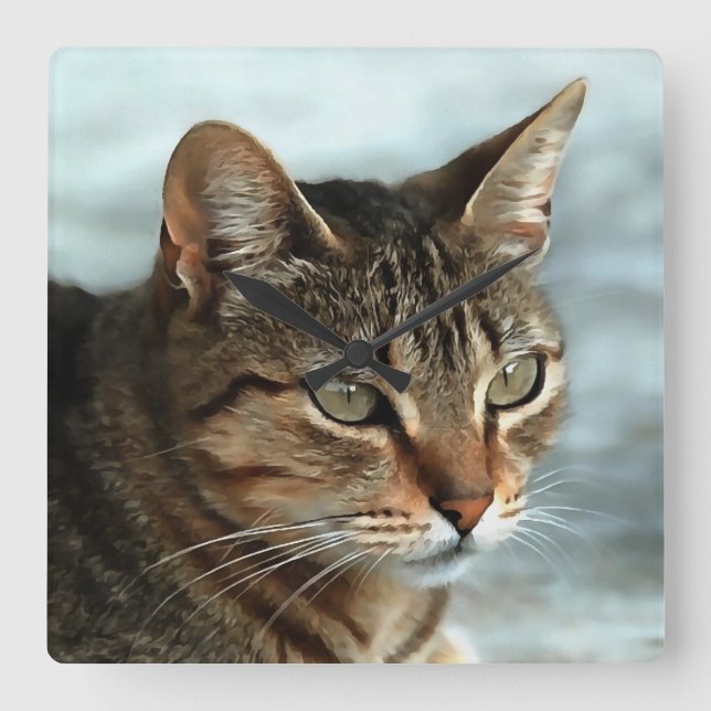 Stunning Tabby Cat CloseUp Artistic Portrait Square Wall Clock (Front)