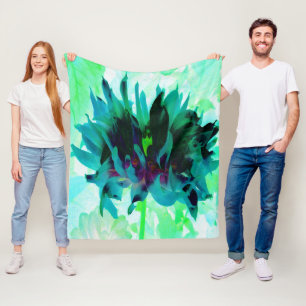 Stunning Teal and Black Cactus Dahlia Fleece Blanket