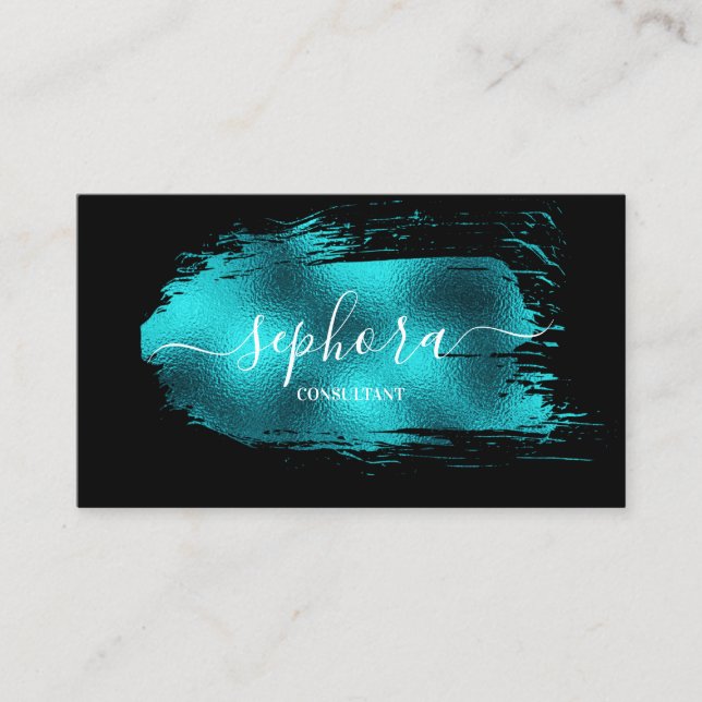 Stunning Teal Metallic Foil Paint Stroke Business Card (Front)