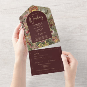 Stunning Vintage Botanical Burgundy Floral Weddin All In One Invitation