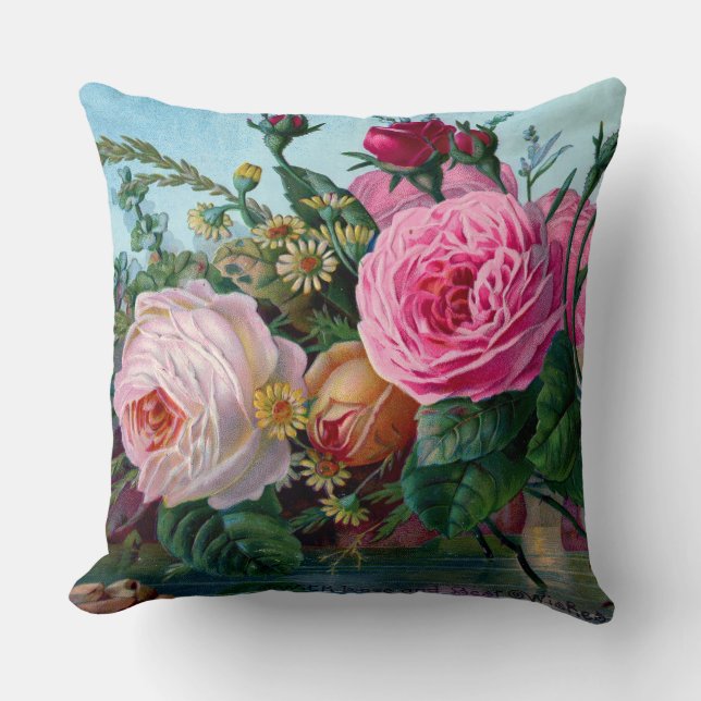 Stunning Vintage Roses Print Throw Pillow (Front)