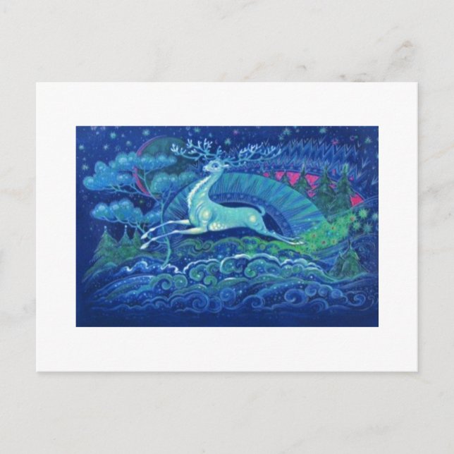 Stunning Vintage Russian Blue Christmas Reindeer Holiday Postcard (Front)