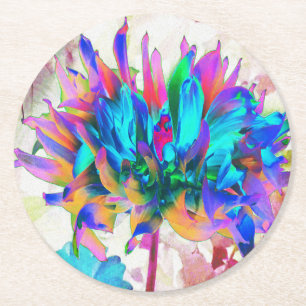 Stunning Watercolor Rainbow Cactus Dahlia Round Paper Coaster