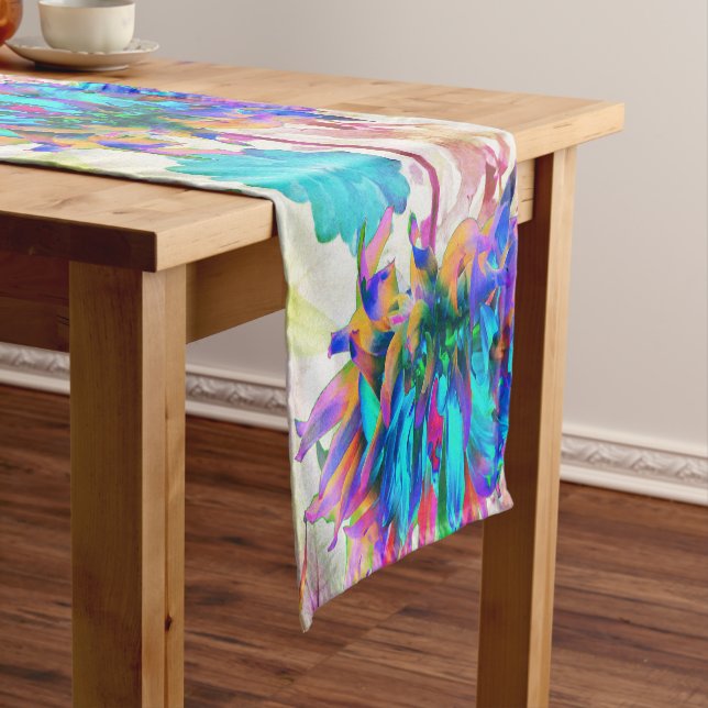 Stunning Watercolor Rainbow Cactus Dahlia Short Table Runner (In Situ)