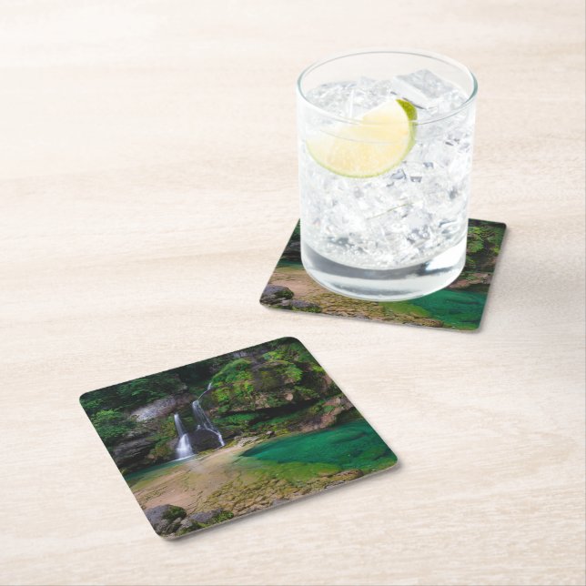 Stunning waterfall Virje, Slovenia Poster Square Paper Coaster (Insitu)