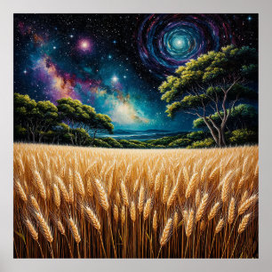 Stunning Wheat Field Under Vibrant Night Sky Poster
