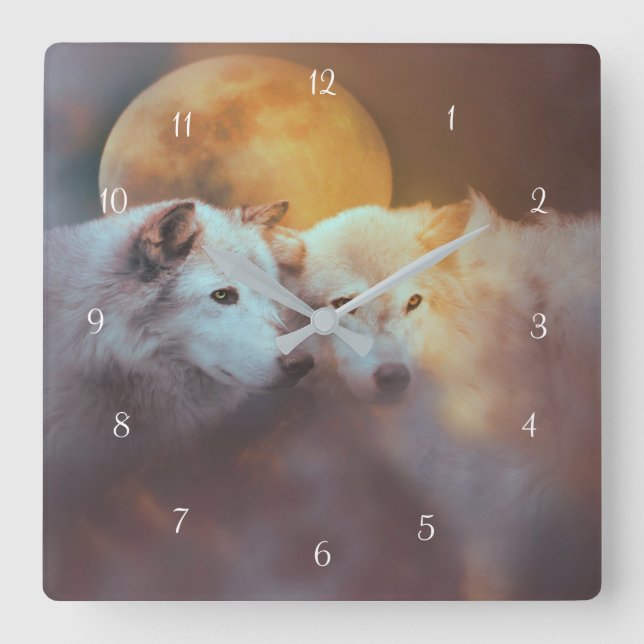 Stunning Wolves and Moon Wildlife Surreal Square Wall Clock (Front)