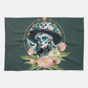 Stunning woman  with a stunning sugar skull makeup kitchen towel