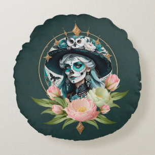 Stunning woman with a stunning sugar skull makeup round pillow