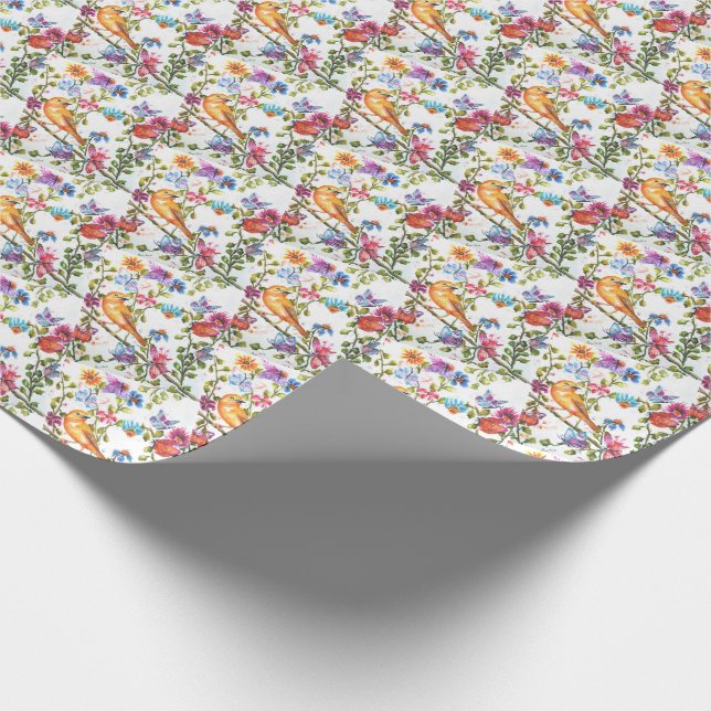 STUNNING YELLOW BIRD WHIMSICAL FLORAL WRAPPING PAPER (Corner)